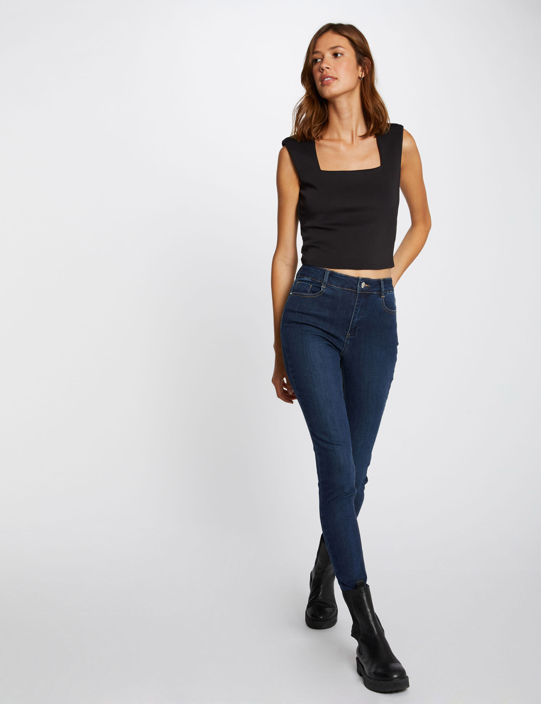 High-Waisted Cropped Slim Jeans Raw Denim Women