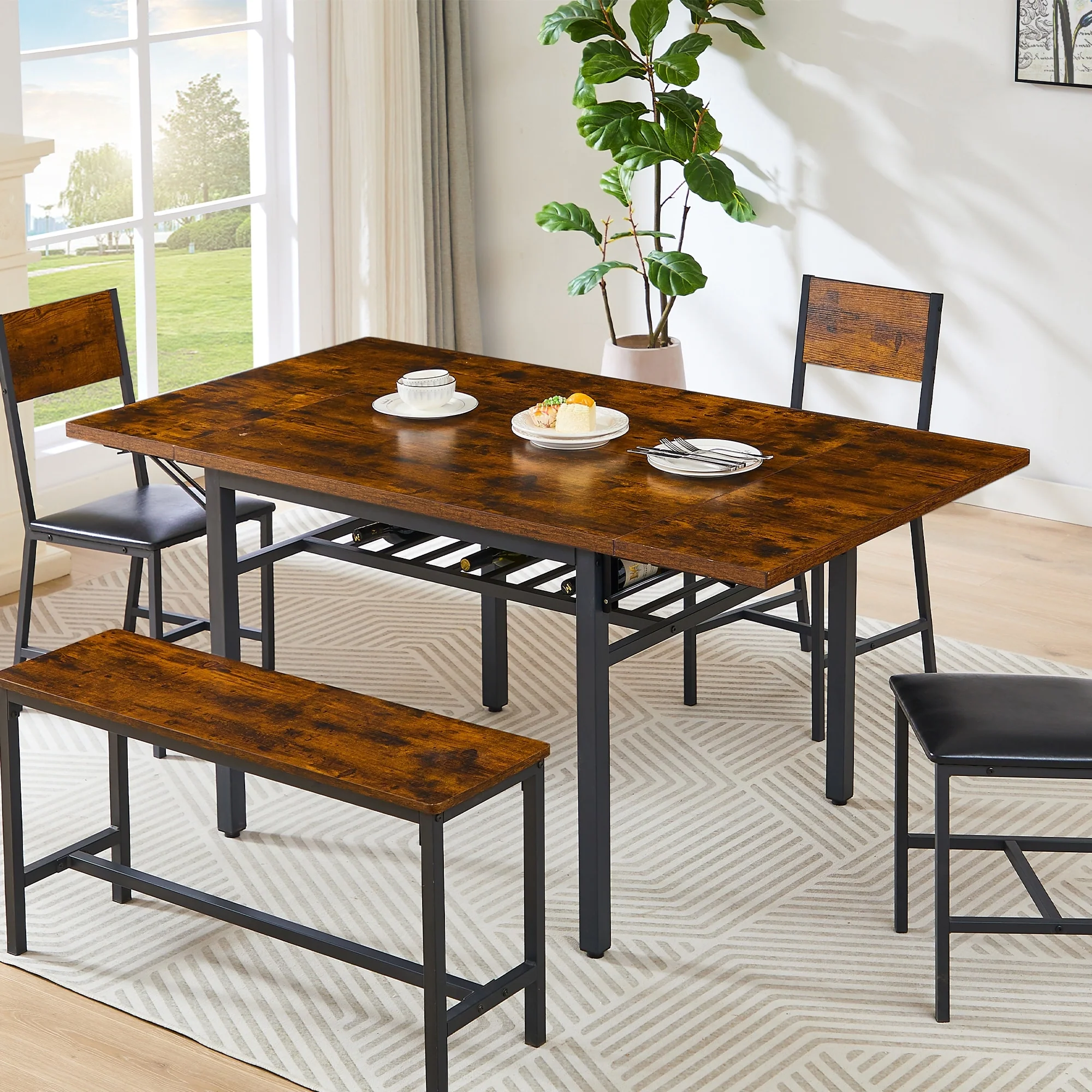 Modern Industrial 63.2'' Extendable Dining Table w/Drop Leaf, Seats 6