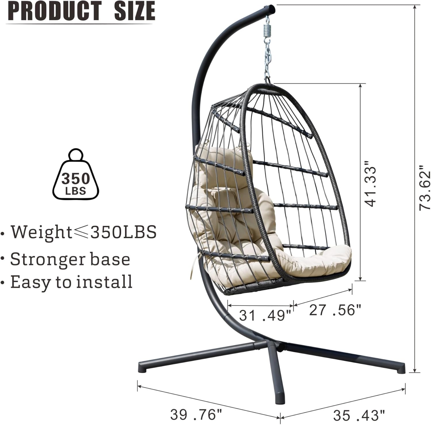 FREDEES Egg Swing Chair with Stand, Outdoor Hanging Egg Chair with Cushion for Patio/Porch/Balcony/Indoor (Beige)