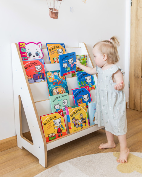 Biała Duża Biblioteczka Montessori Regał na Książki i Zabawki 5 Półek