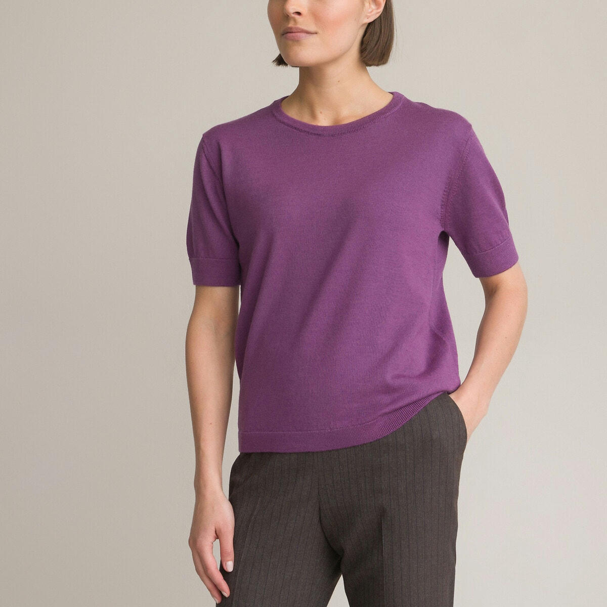 Pull col rond, fine maille, manches courtes