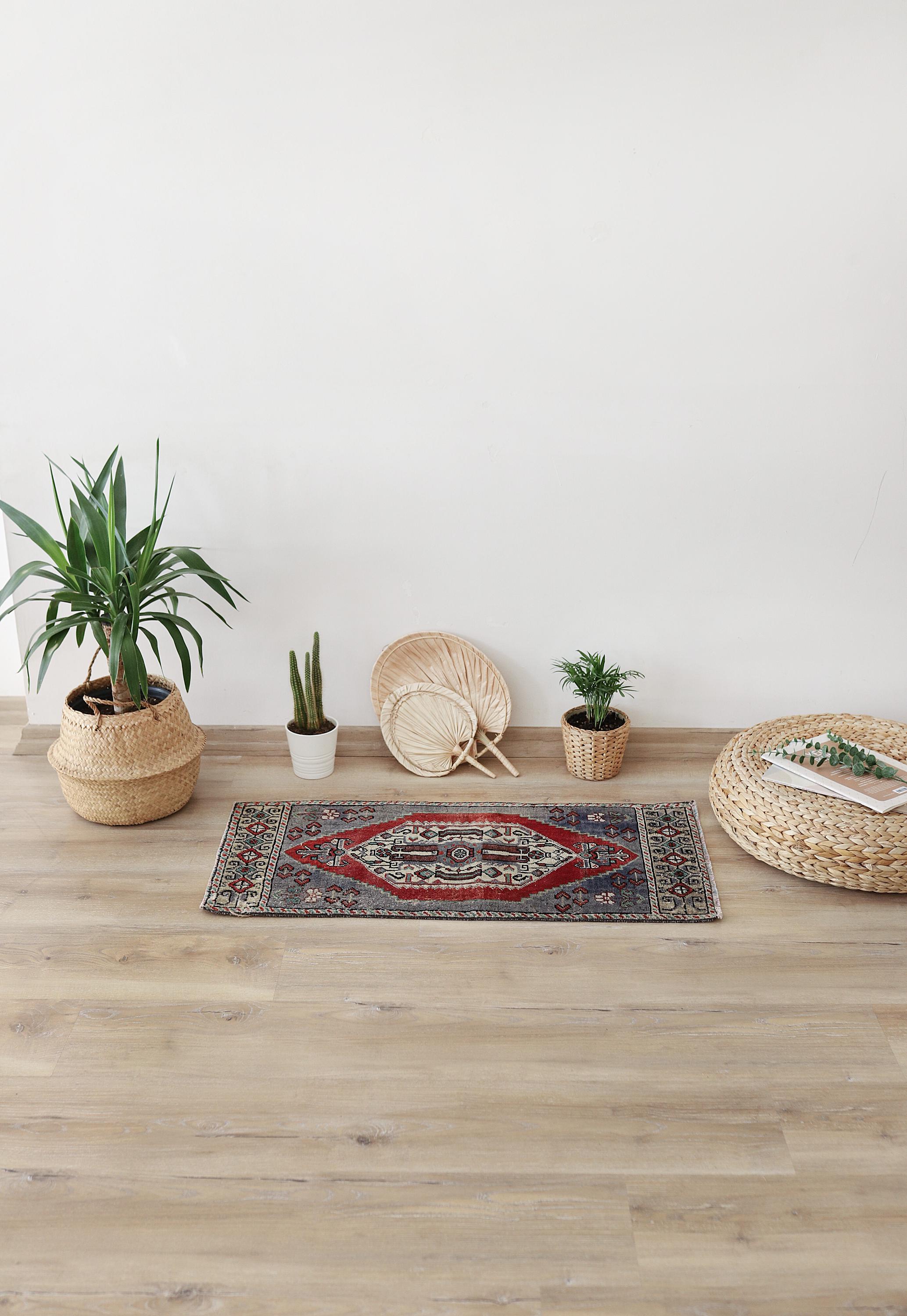 Vintage Turkish Wool Rug, 1x3 ft Anatolian Accent Mat, Rustic Home Decor