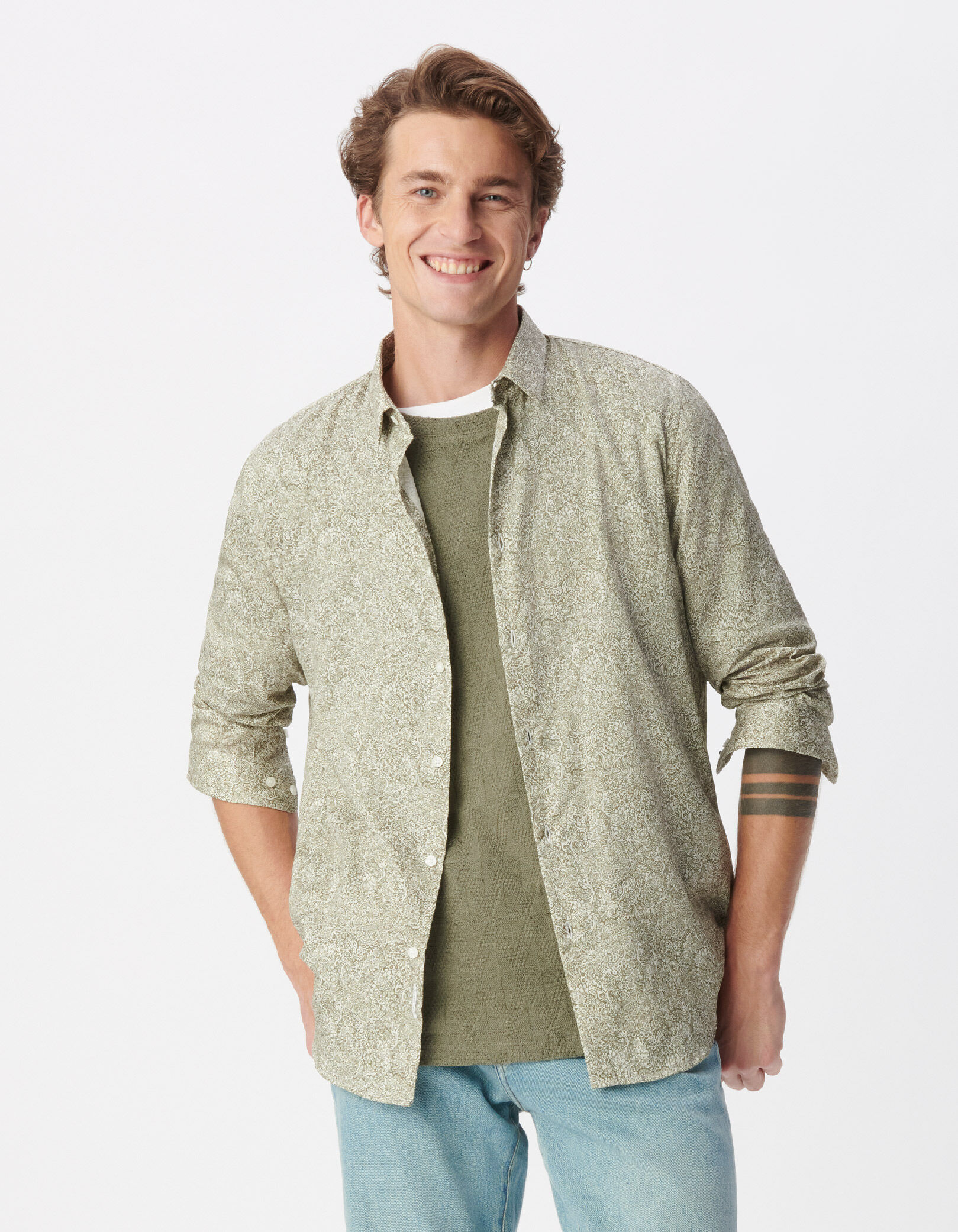 Chemise regular kaki imprimé végétal Homme