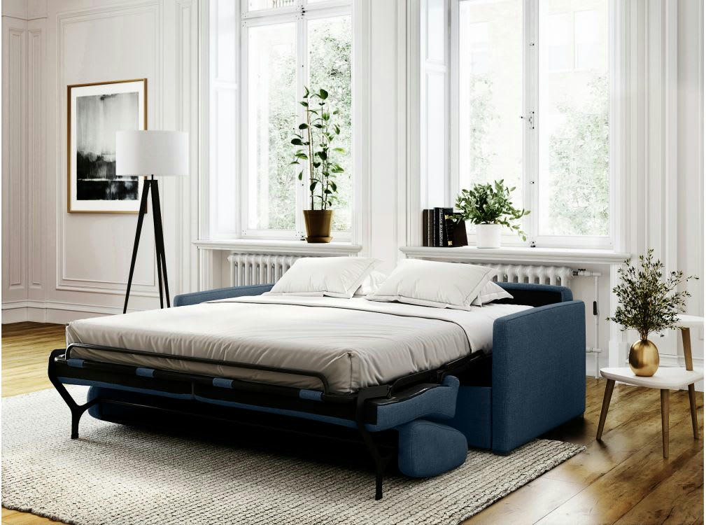 AGATHE - Canapé convertible express 3 places en tissu bleu foncé - 140x190cm