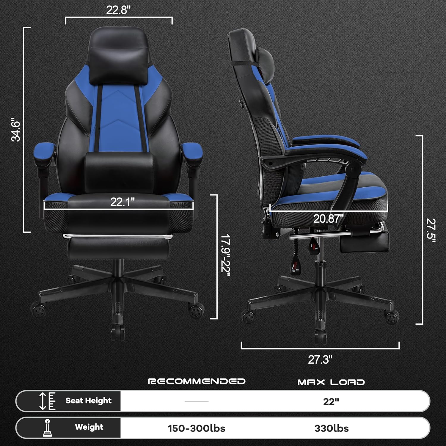 Video Game Chair for Adults, Gaming Chair with Footrest, Big and Tall Computer Chair with Massage Lumbar Support 330lbs Weight Capacity, Adjustable Height, 360° Swivel Seat and Headrest (Blue)