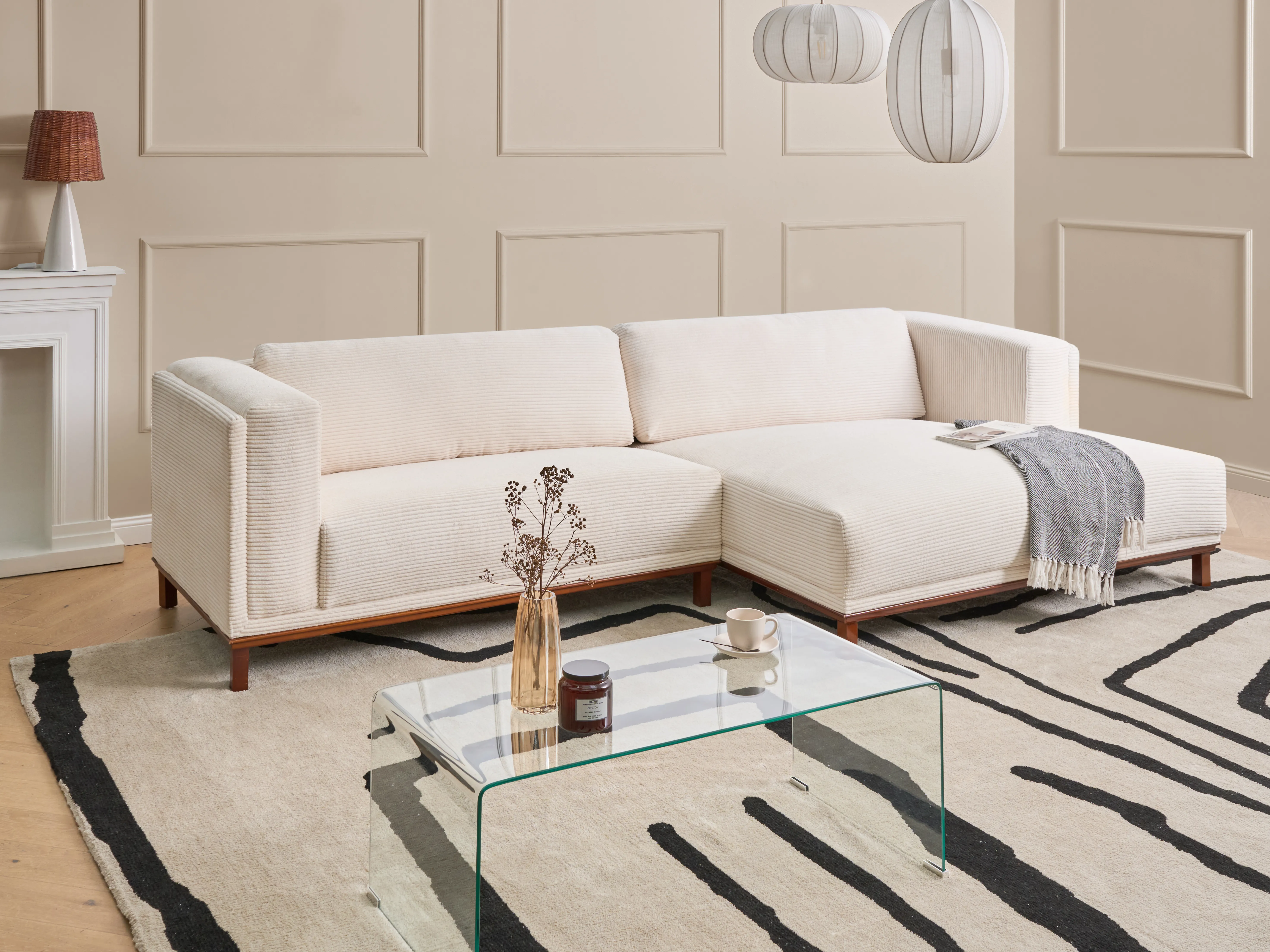 Corner Sofa 4 Seater VENG Corduroy Light Beige Left Hand