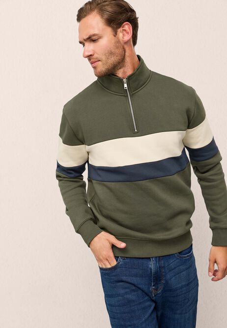 Mens Khaki Colour Block Quarter Zip Sweatshirt