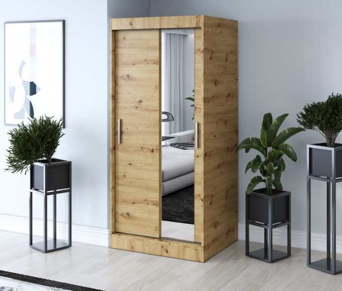 Szafa przesuwna 1x Lustro 90x200 Hugo, Dąb Artisan