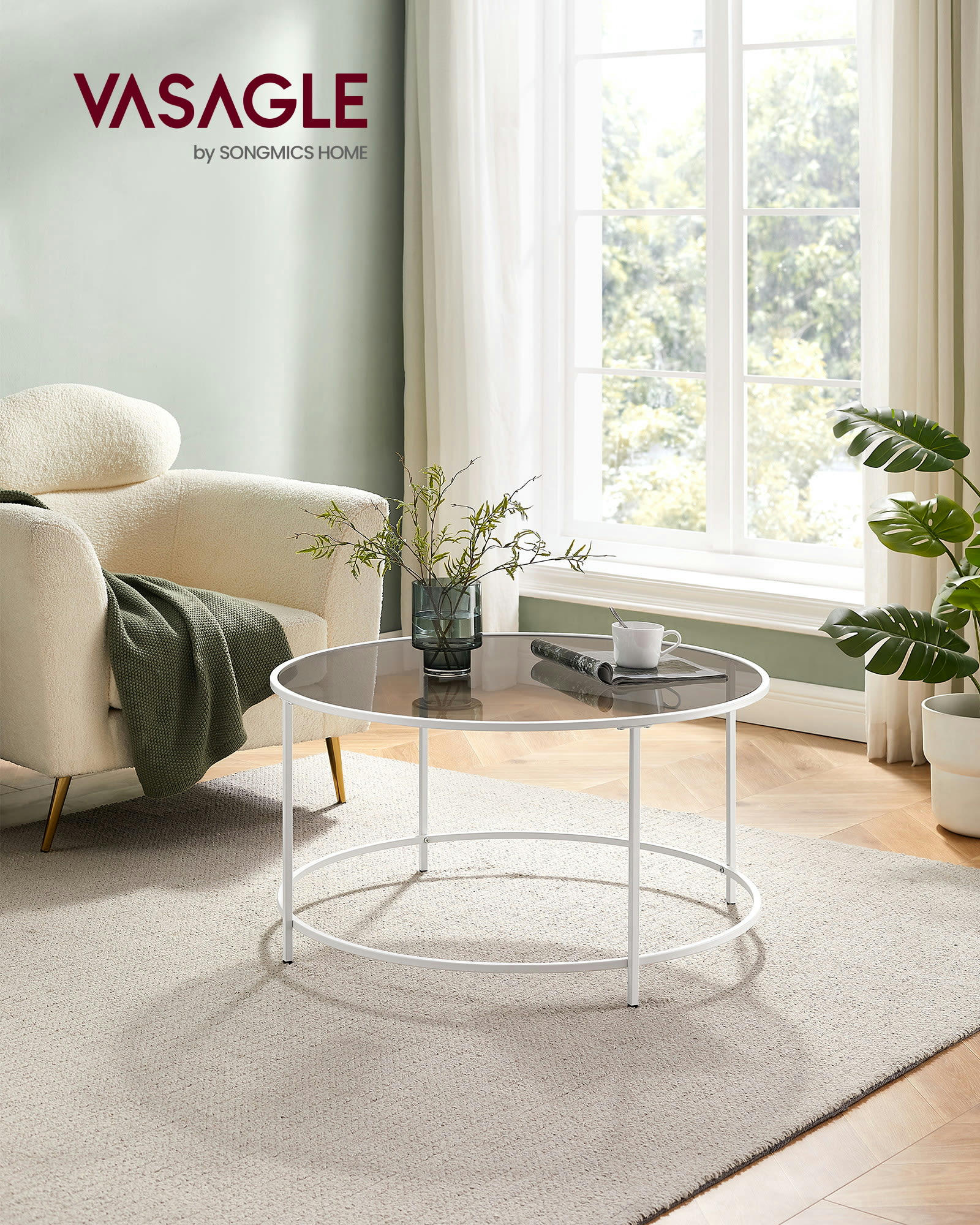 - Table basse ronde verre acier gris blanc