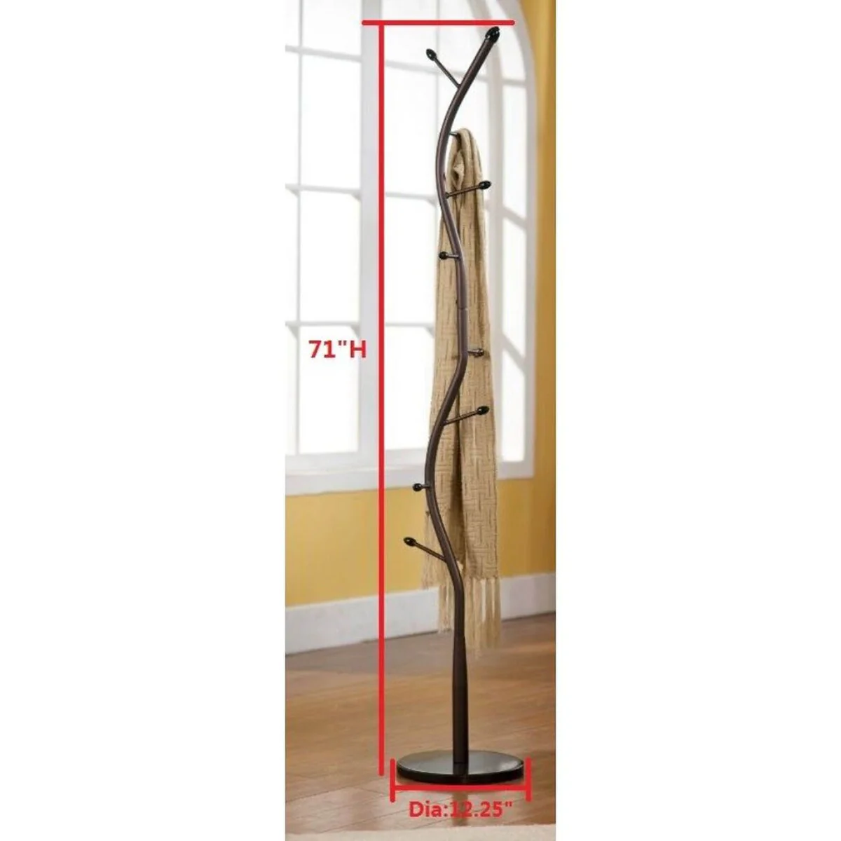 Abbot 8 Hook Black Metal Coat & Hat Rack Stand, Walnut Hooks - 12Wx12Dx71H