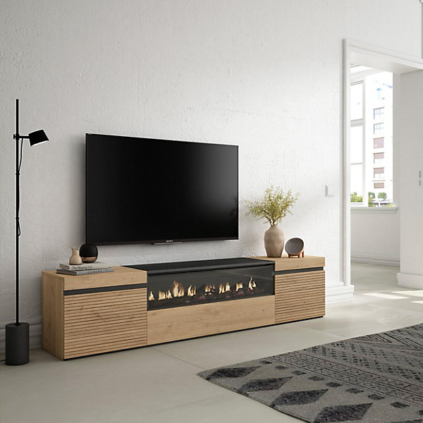 Meuble TV 200x35x45cm feu led sans chaleur couleur chêne