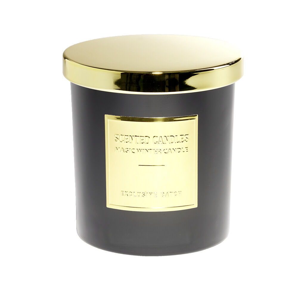 Bougie avec couvercle pot métallisé noir et doré senteur oud Ø25H