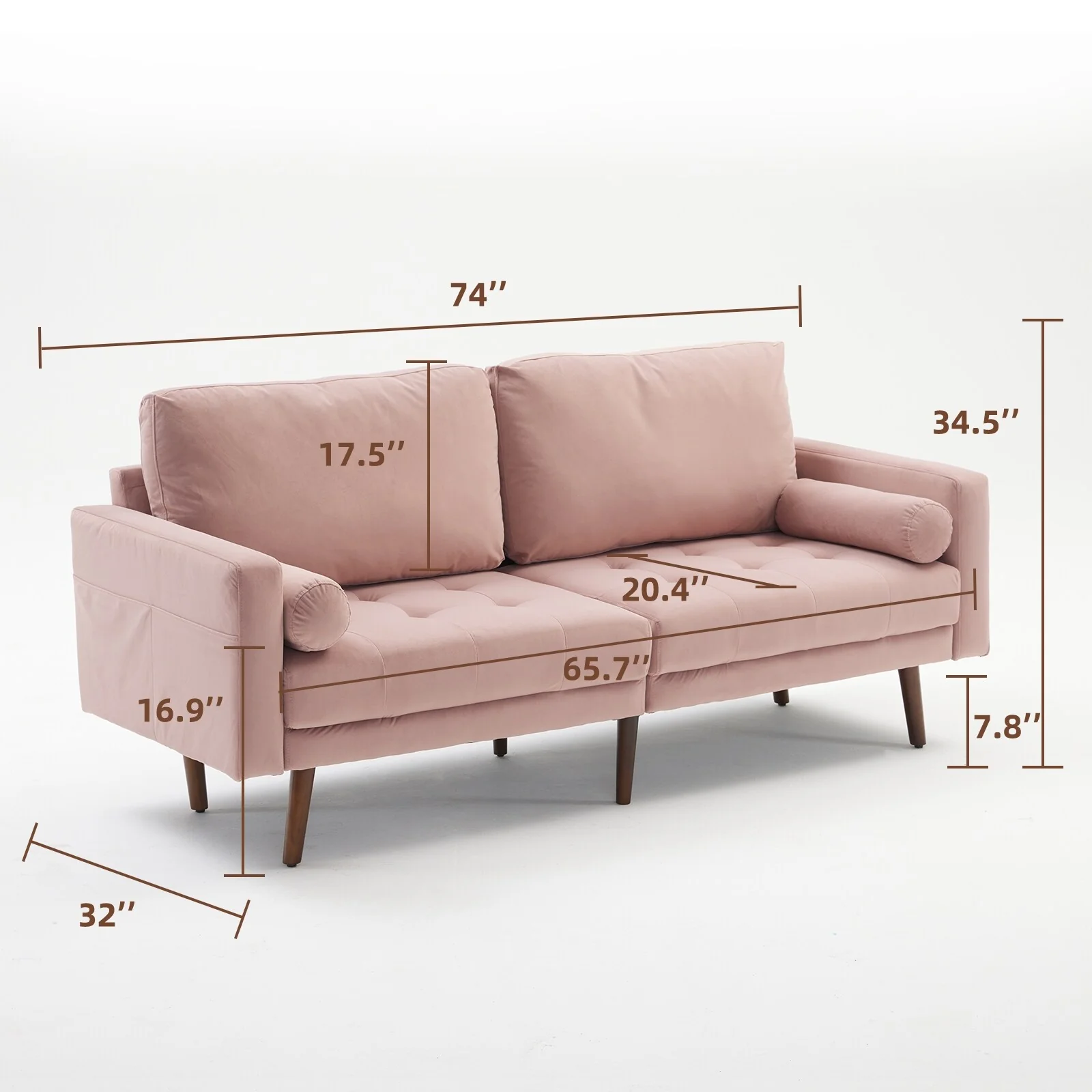 Modern 74'' Fabric Sofa with Storage Pockets and Foam Cushion