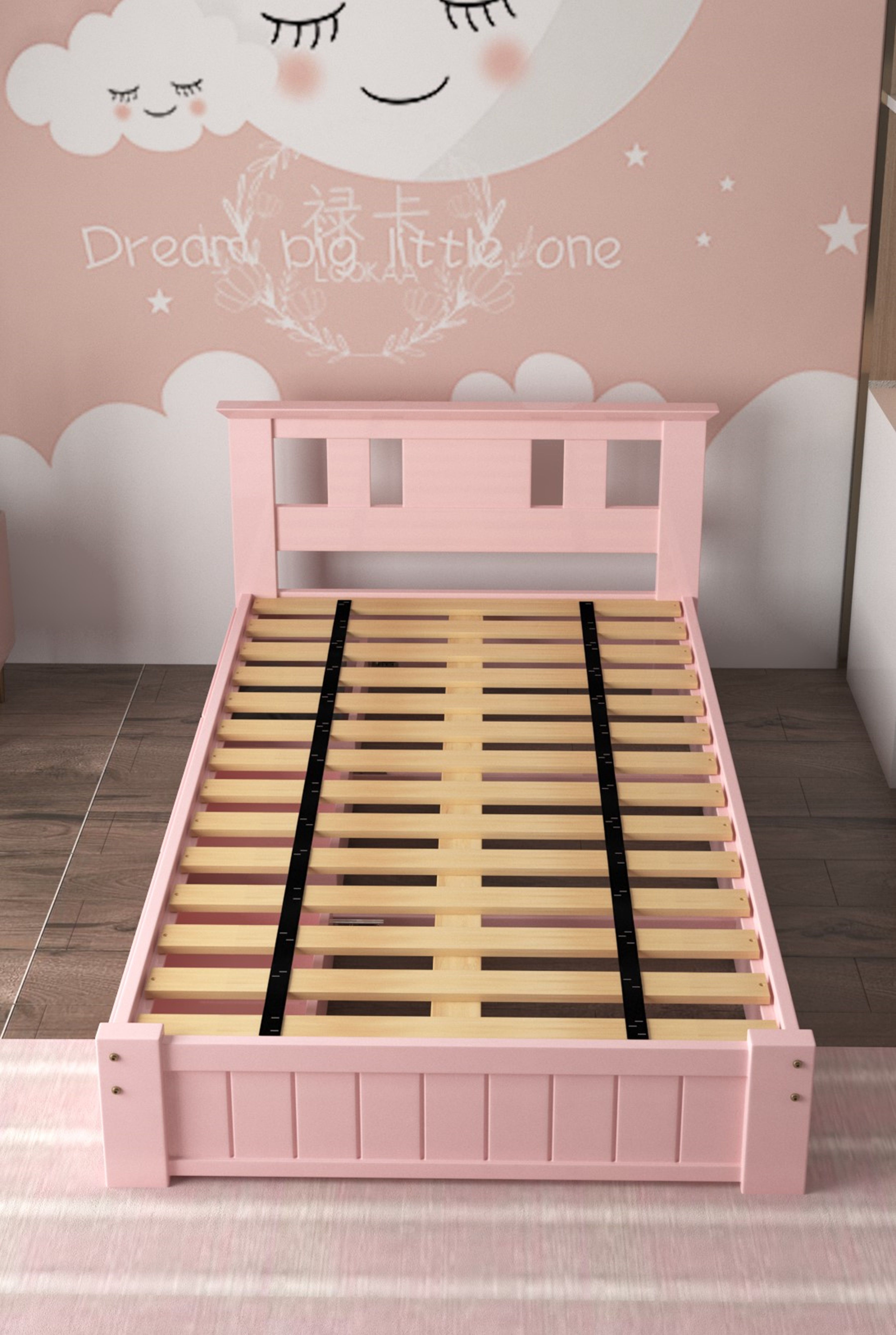 Somnior Elwood 3FT Single Solid Wooden Pink Bed with Mattress & 3 Drawers
