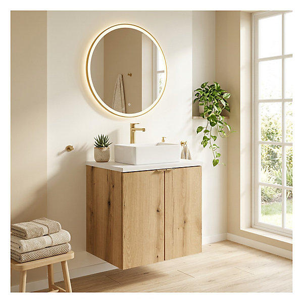 Ensemble de salle de bain suspendu VANO aspect chene et blanc 50cm : meubles sous vasque à placards et plan pour vasque