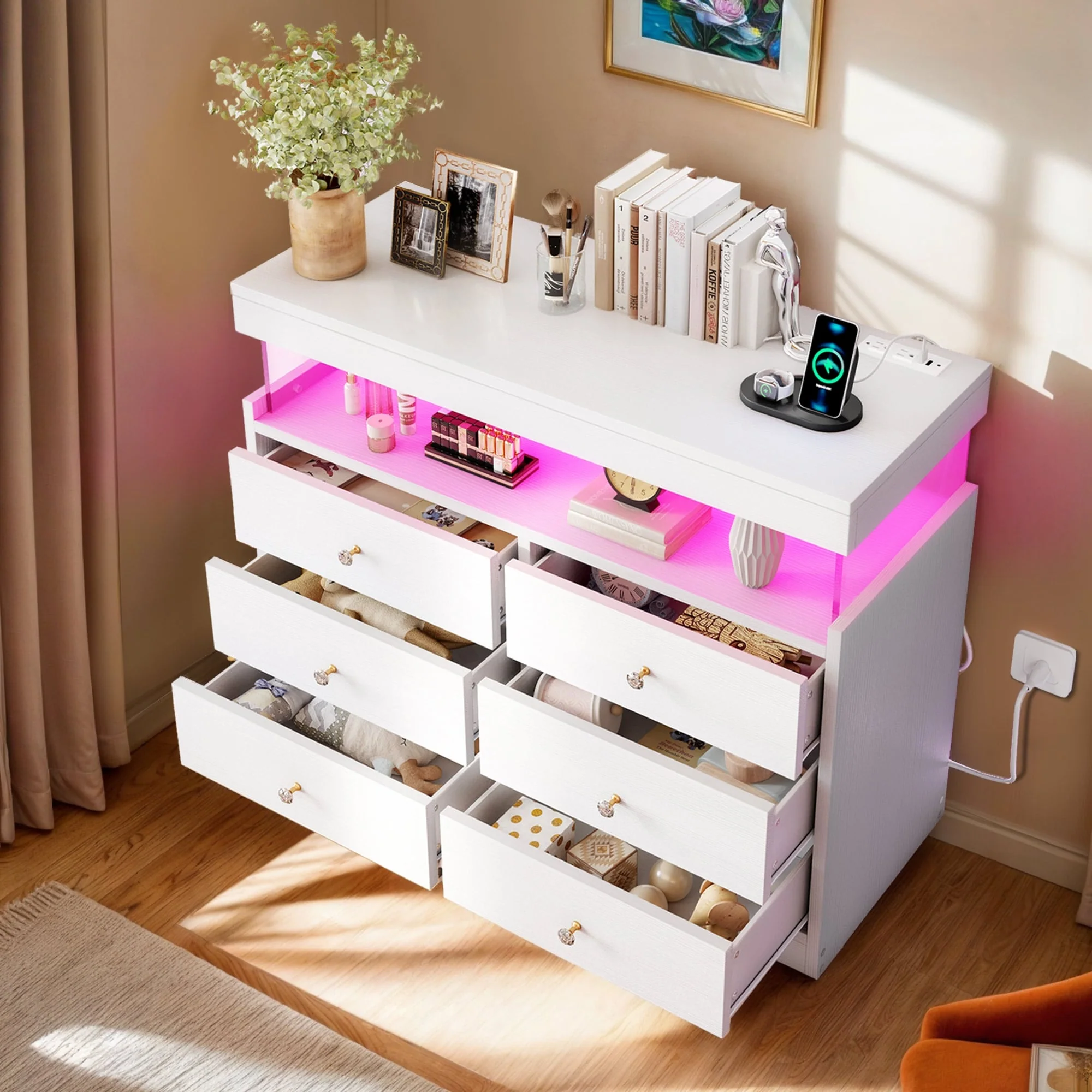 Modern 6 Drawer Dressers Drawers with LED Lights & Charging Station