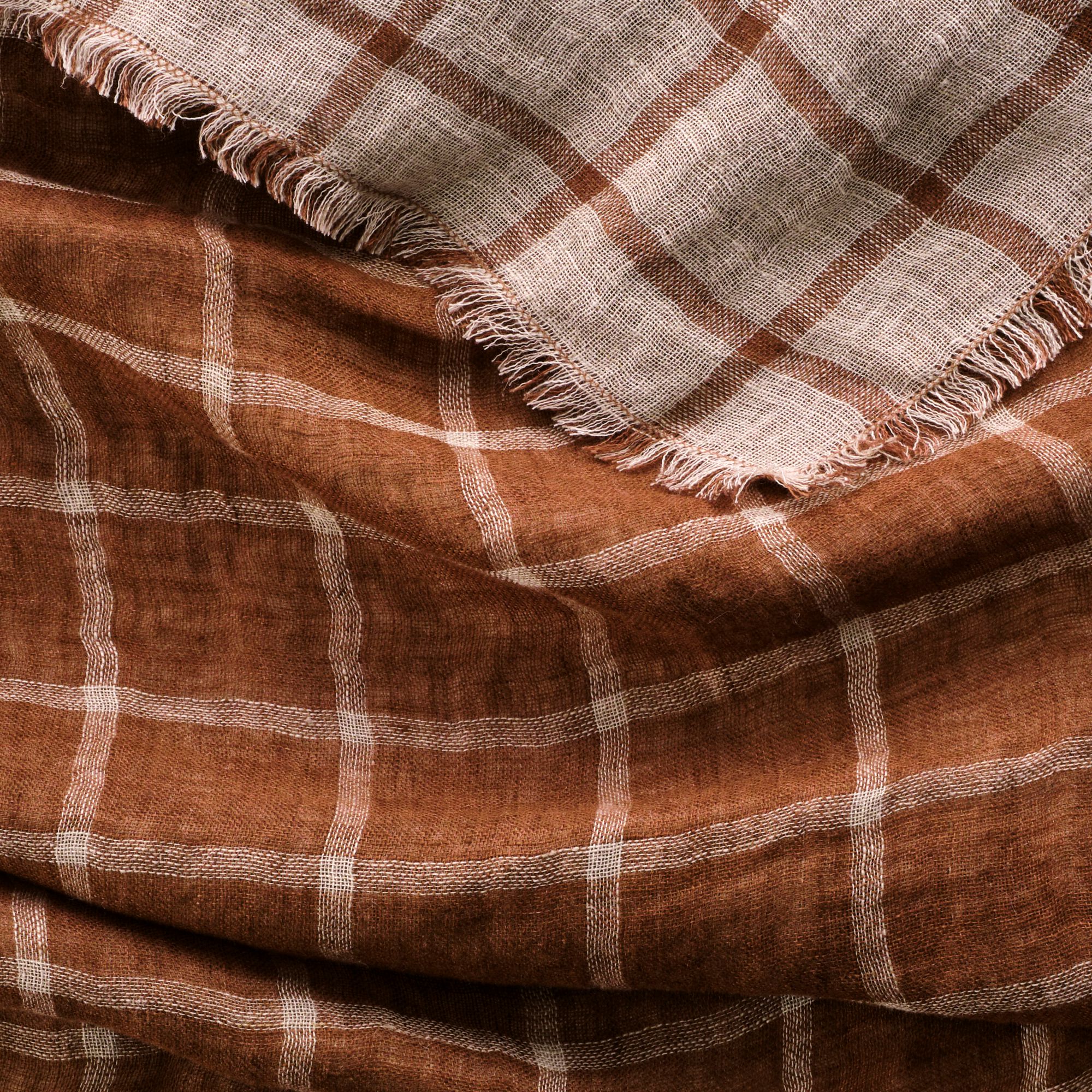 VALBEL - Plaid à carreaux en lin lavé 130x170cm - marron