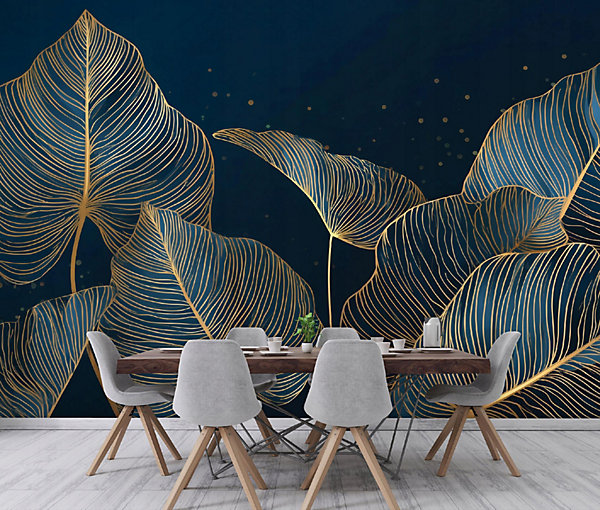 Papier Peint Panoramique Intissé Feuilles Glamour Bleu - 350x250 cm - Papier Peint Chambre et salon