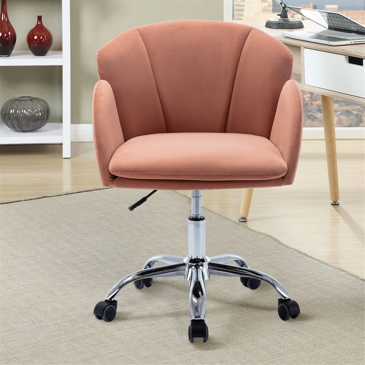 Modern Leisure Swivel Adjustable Office Chair with Velvet Fabric and Golden Feet Base