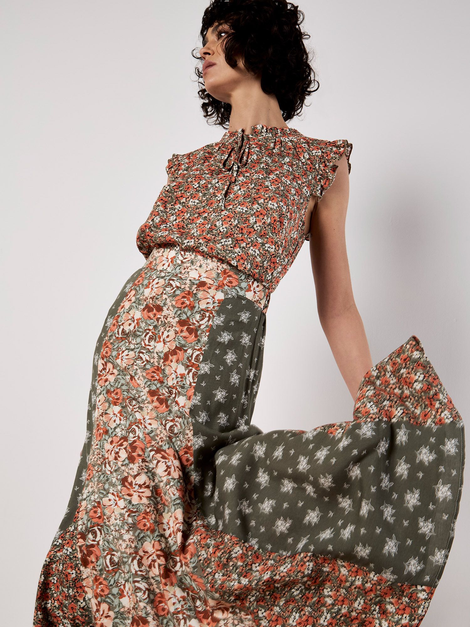 Apricot Floral Patchwork Print Midi Skirt
