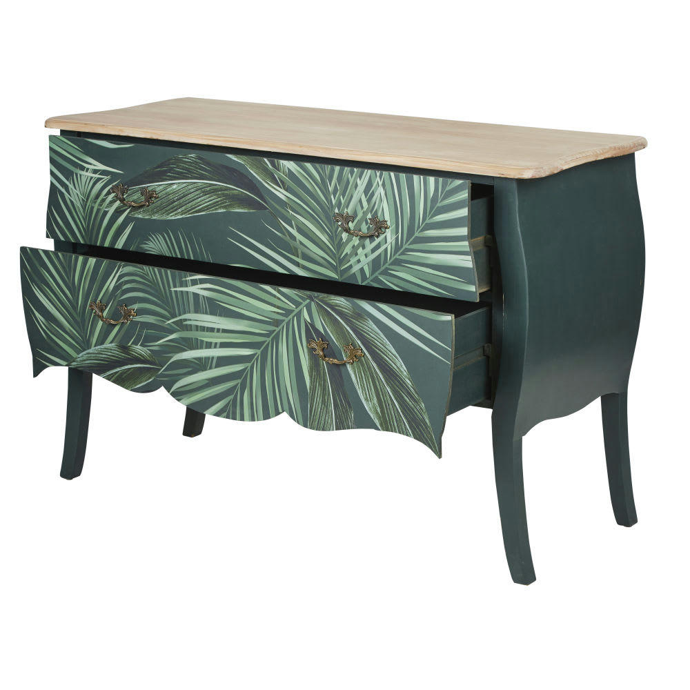 Bortolo - Commode 2 tiroirs en bois vert, imprimé feuilles 121x80