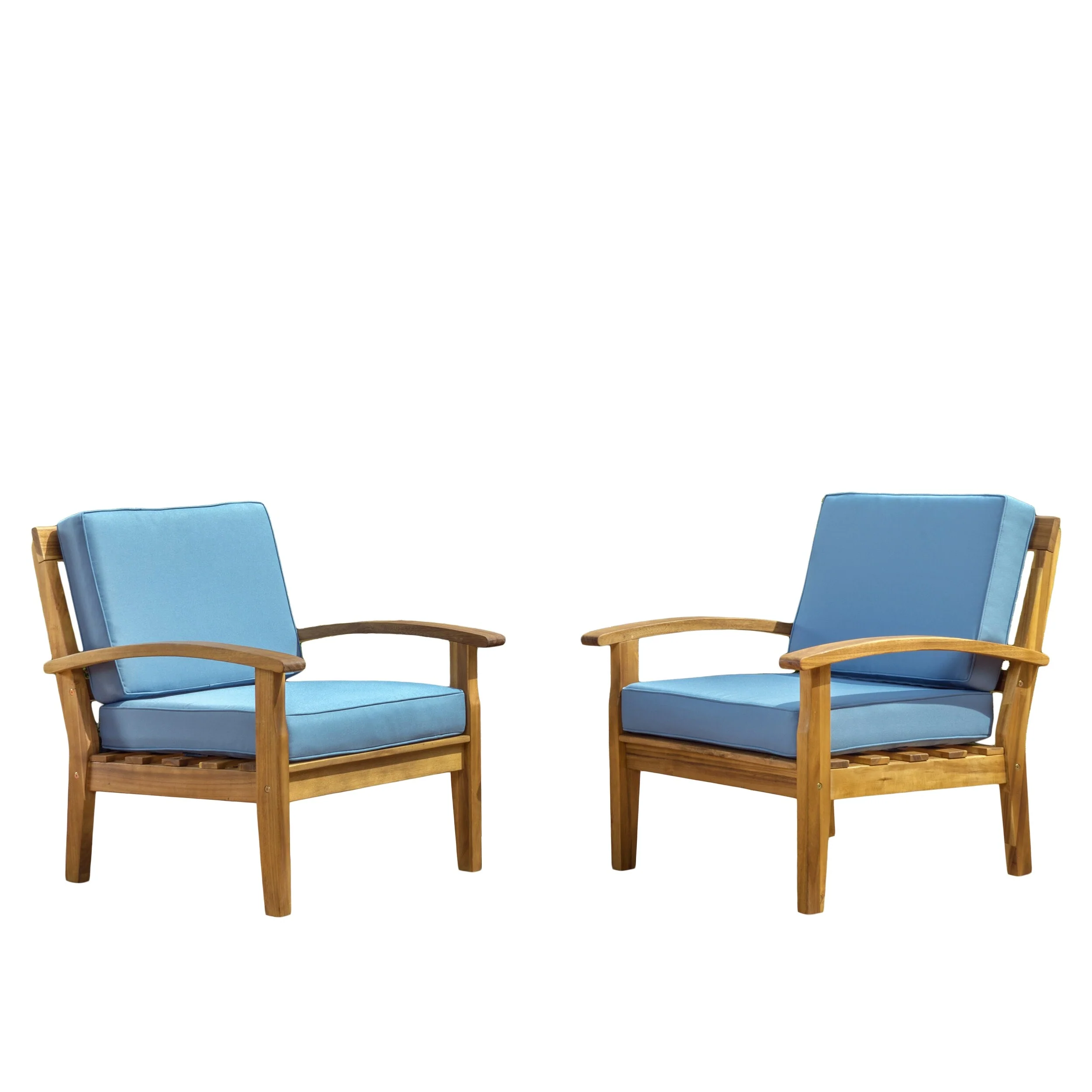 Roomfitters Outdoor Lounge Chairs with Blue Cushions, Acacia Wood Patio Armchairs, Set of 2, Teak Finish