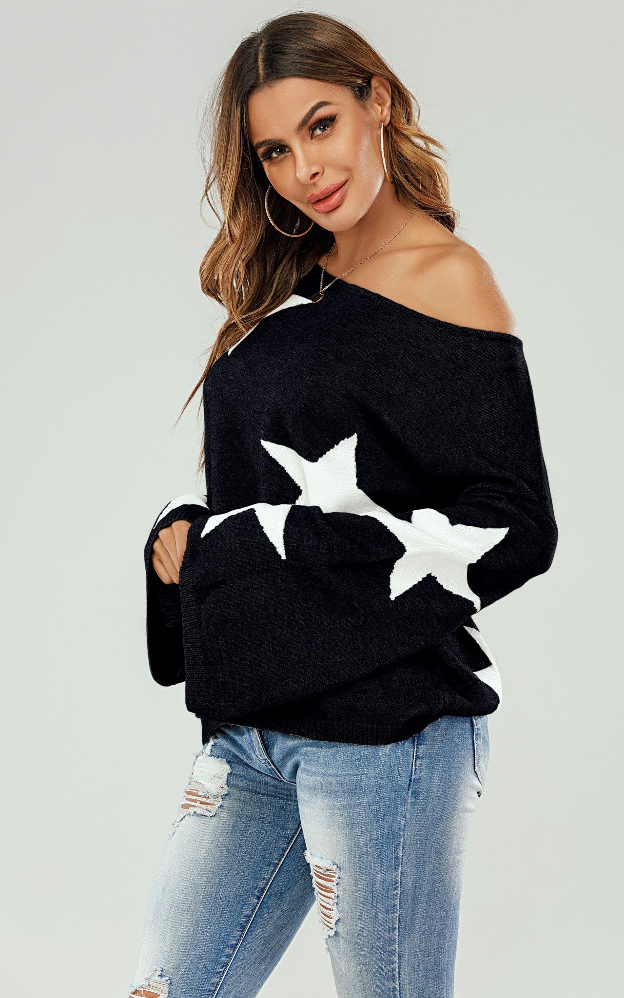 FS Collection Wide Sleeve Oversize Black Jumper With White Star