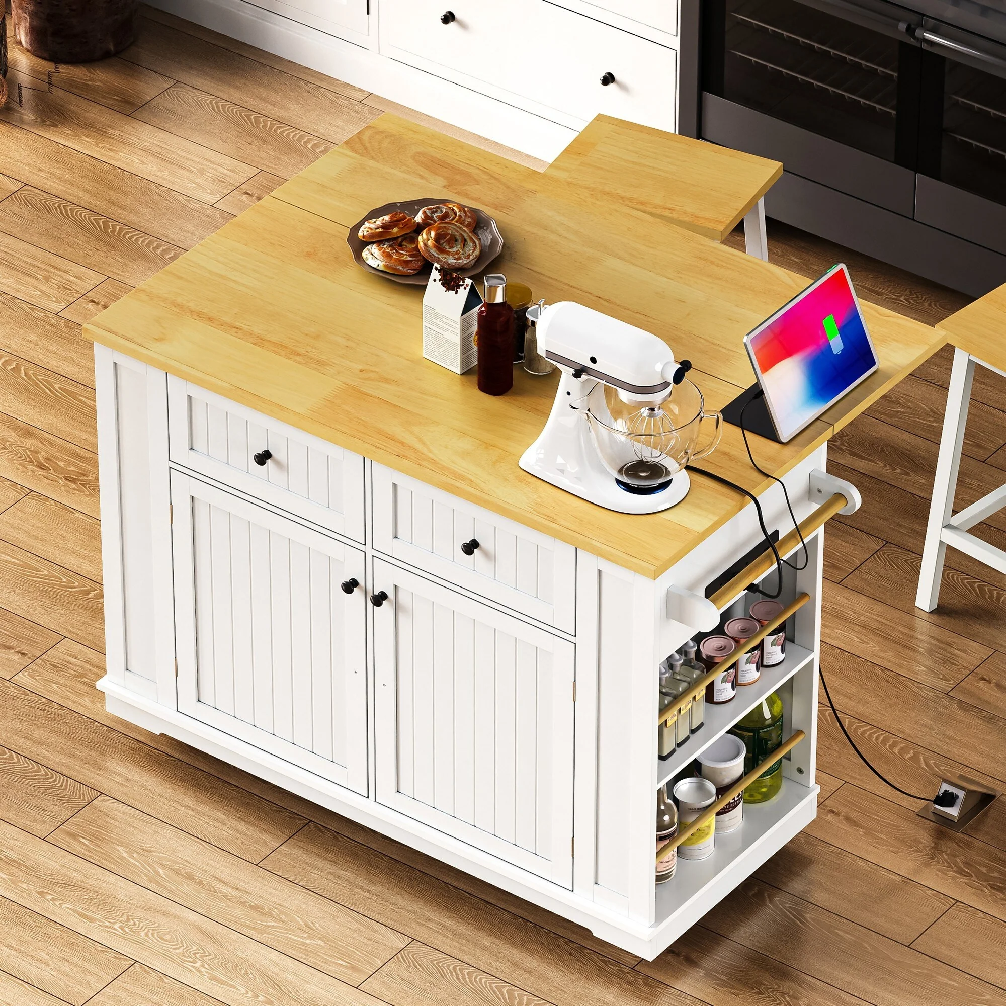 Large Rolling Kitchen Island with Open Side Racks, Wood Spice Storage Cabinet wDrop Leaf, Power Outlet and Internal Storage Rack