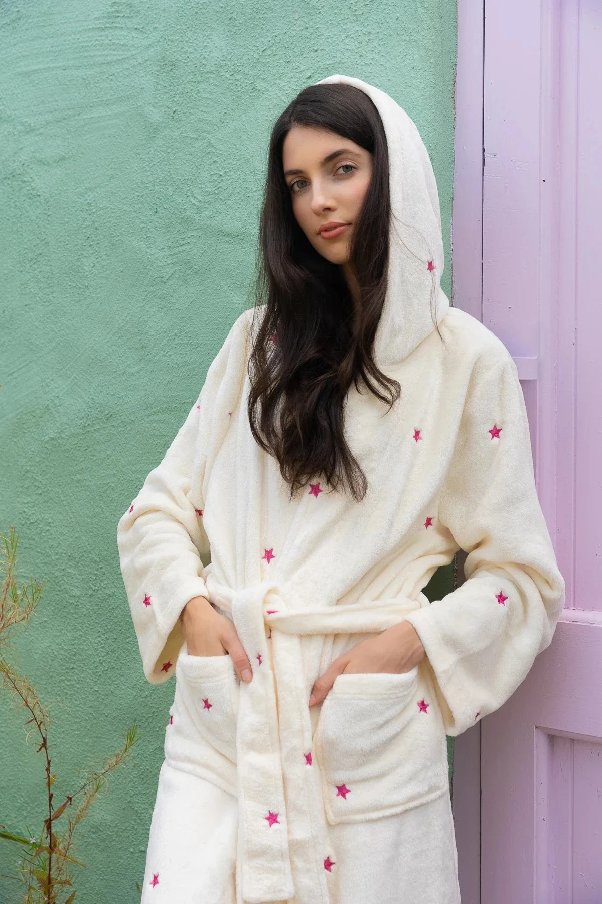 White Cosy Star Embroidered Robe With Hood
