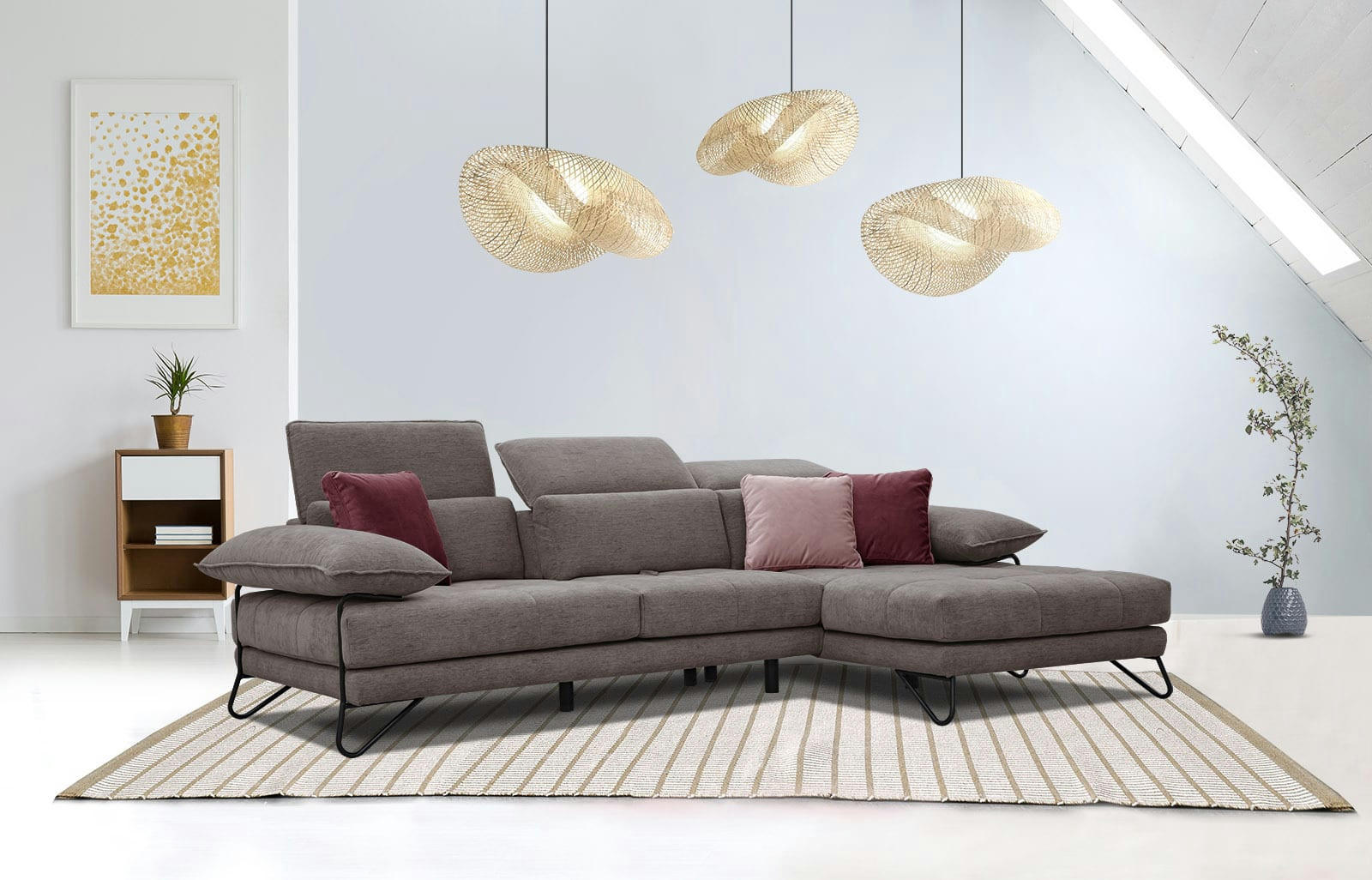 NORDEN - Canapé d'angle droit 4 places en tissu marron avec coussins déco