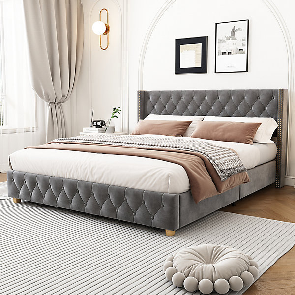Lit Double 140x190 cm - Lit Rembourré avec Tête de Lit à Boutons et Sommier à Lattes - Velours - Sans Matelas - Gris