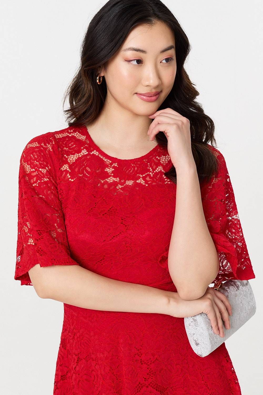 Izabel London Lace Overlay Knee Length Skater Dress