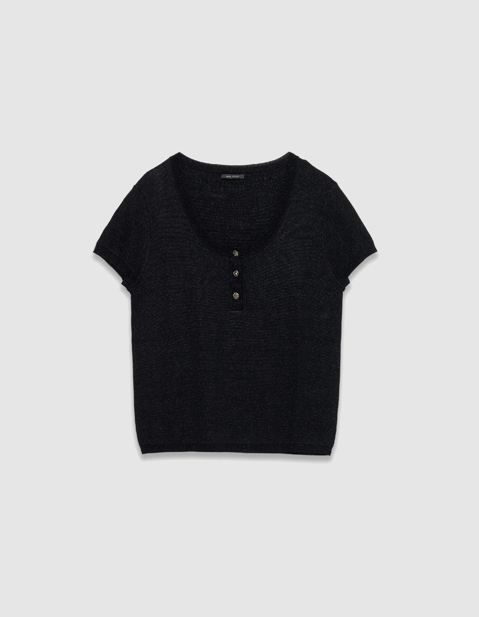 Pull fin noir pailleté encolure boutonnée Femme