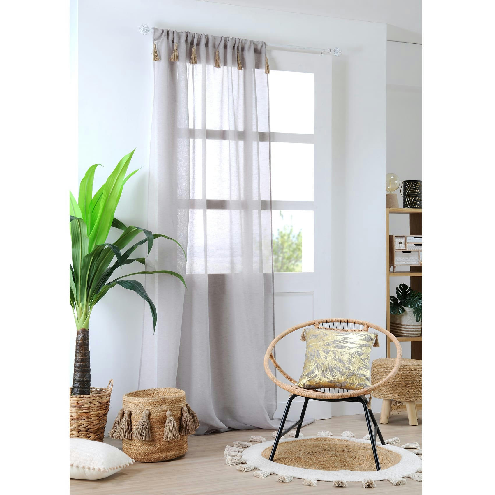 IBIZA - Voilage bohème à pompons en jute polyester naturel 260x140cm