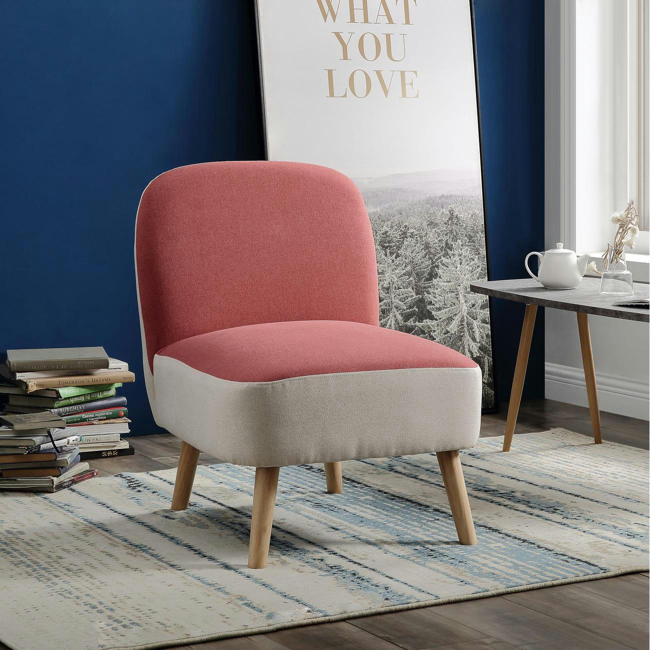 DOPIO - Fauteuil assise polyester rose pieds bois