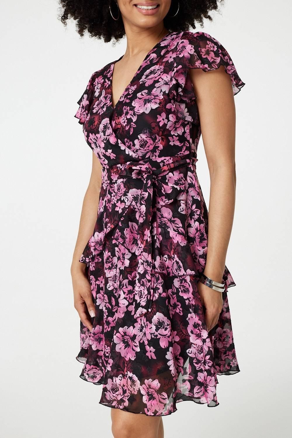 Izabel London Floral Tie-Waist Ruffled Mini Dress