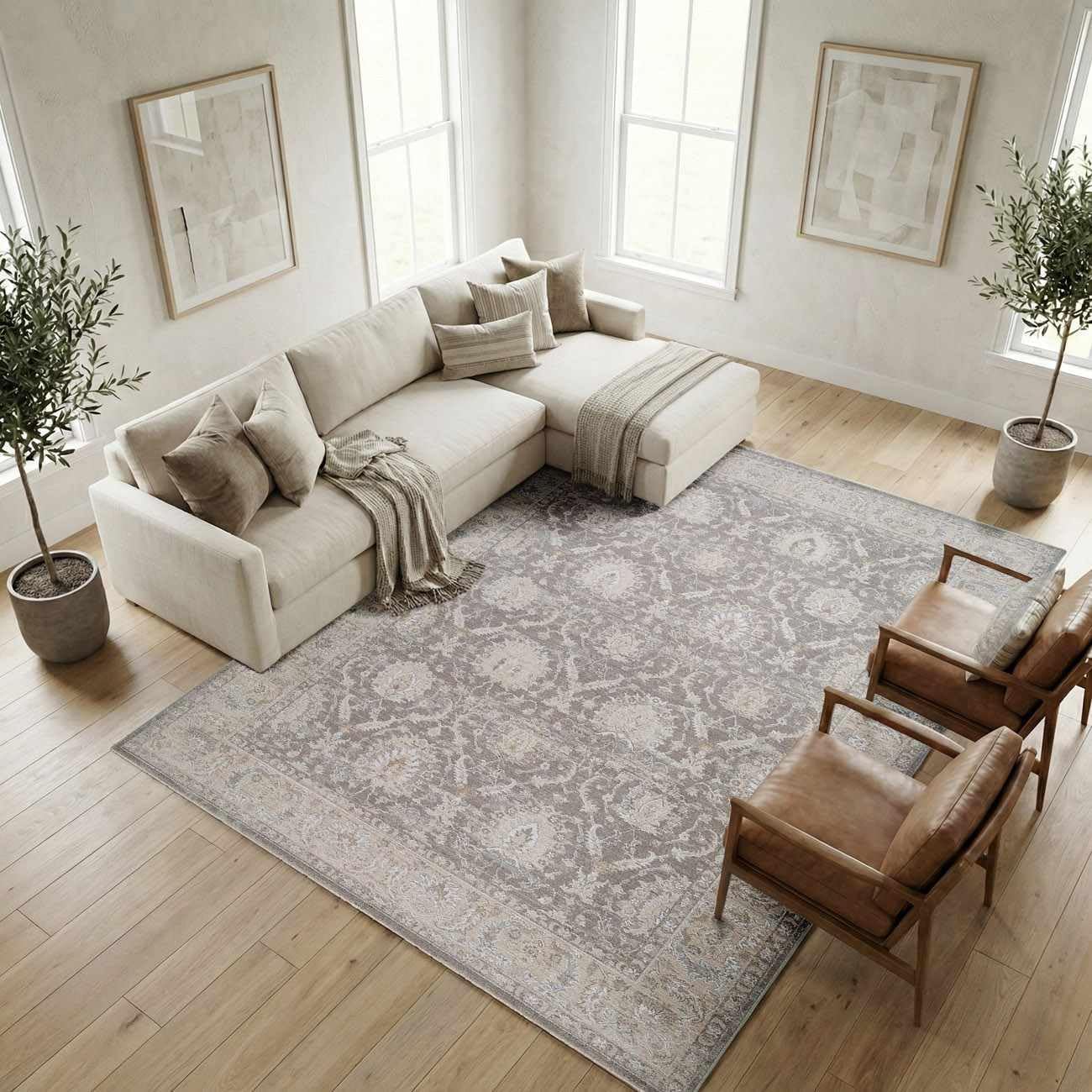 Hauteloom Bellington Living Room, Bedroom Area Rug - Neutral Traditional Bohemian Bordered - Gray, Cream, Beige, Brown - 7'10 x 10'2