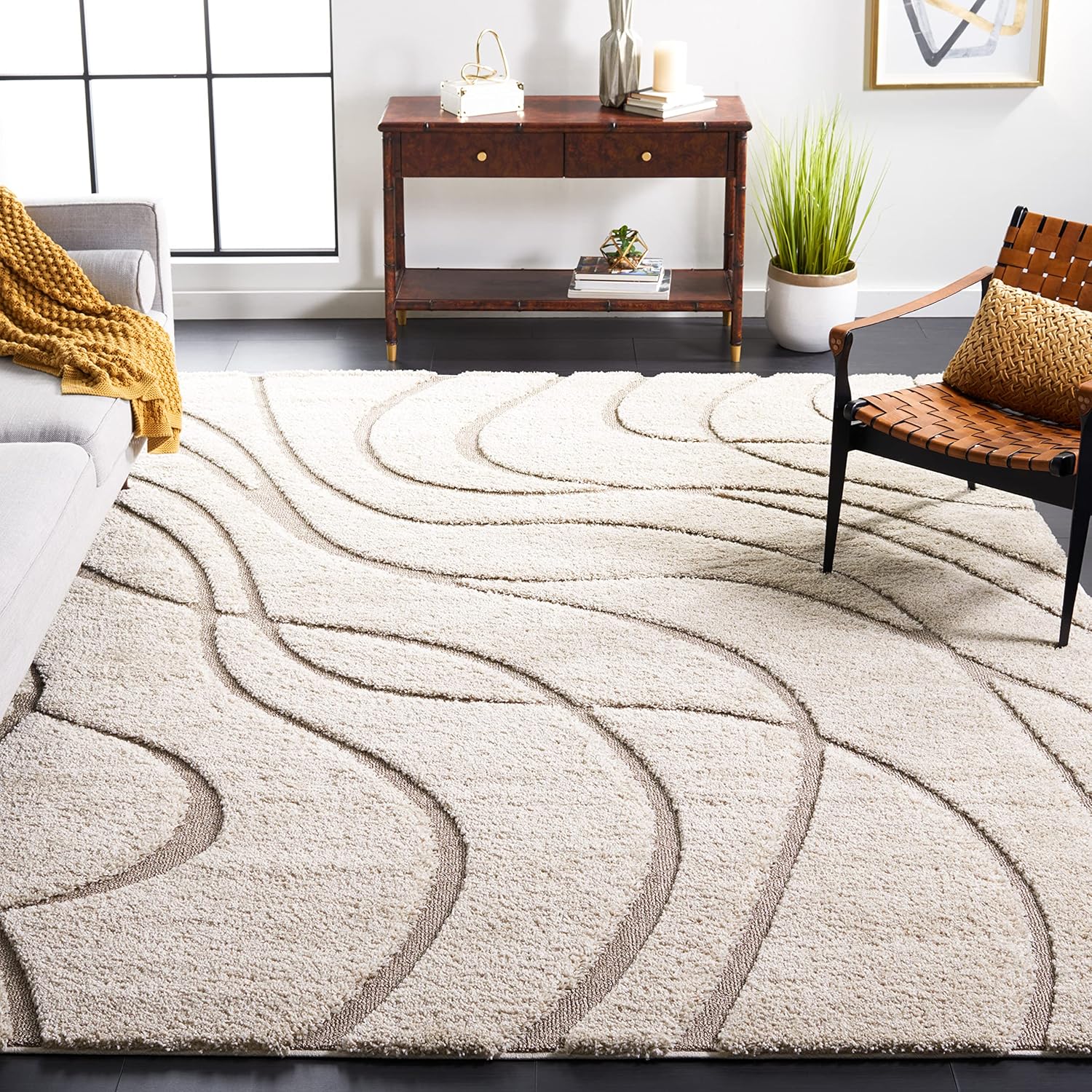 SAFAVIEH Florida Shag Collection Area Rug - 9'6 x 13', Cream & Beige, Non-Shedding & Easy Care, 1.2-inch Thick Ideal for High Traffic Areas in Living Room, Bedroom (SG471-1113)