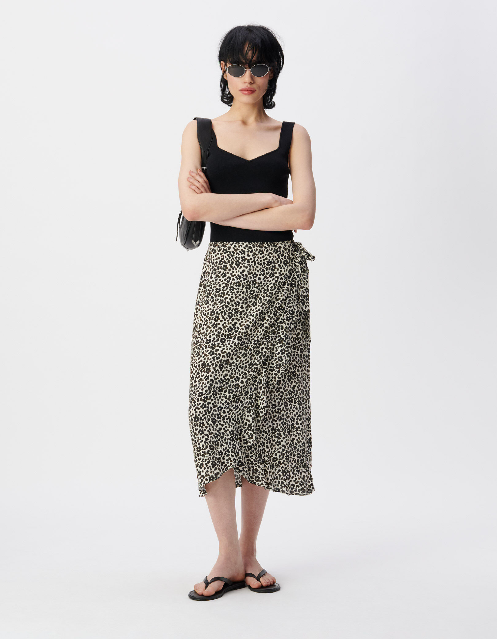 Jupe midi portefeuille écru imprimé léo-fleurs Femme