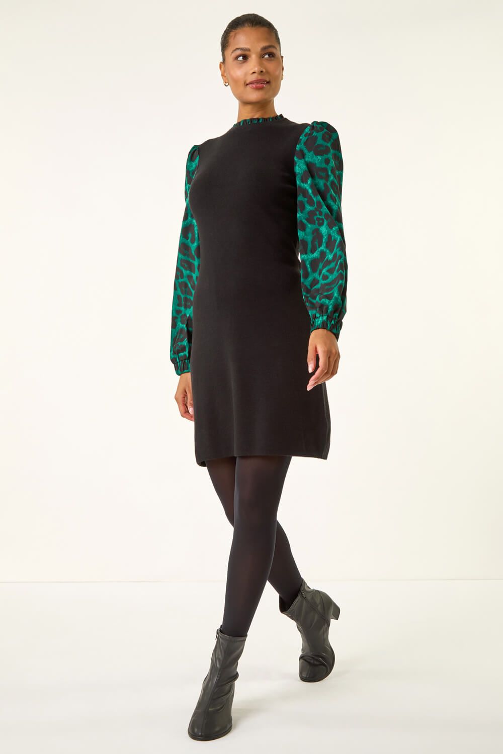 Roman Animal Print Mix Frill Short Dress