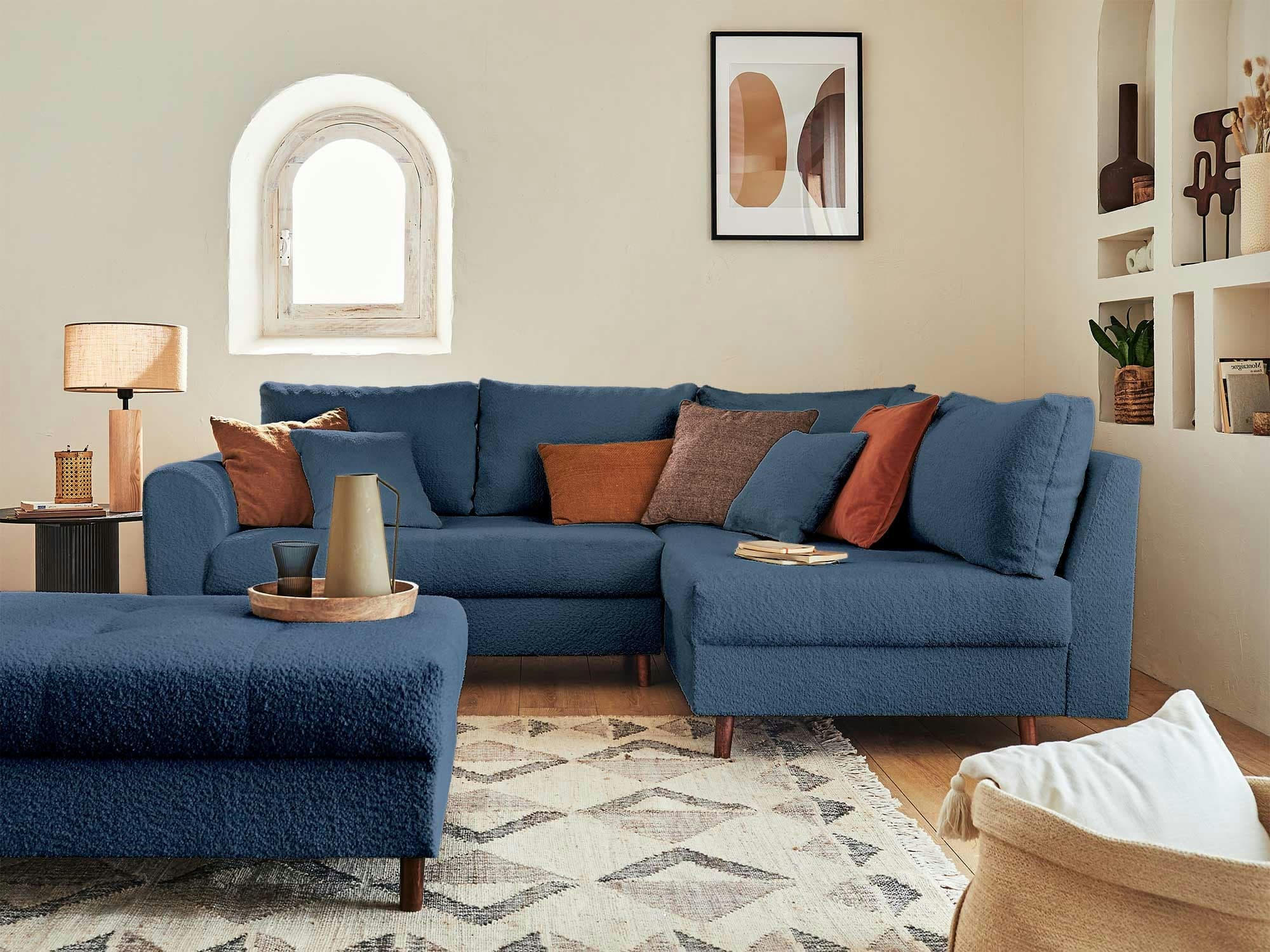 RUNE - Canapé d'angle droit convertible 4 places en tissu bouclette bleu nuit