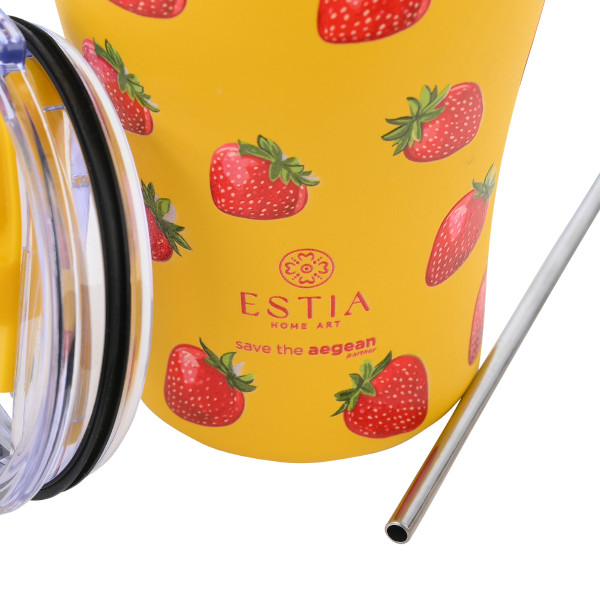 Kubek termiczny w truskawki 350 ml Berry stalowy żółty z słomką