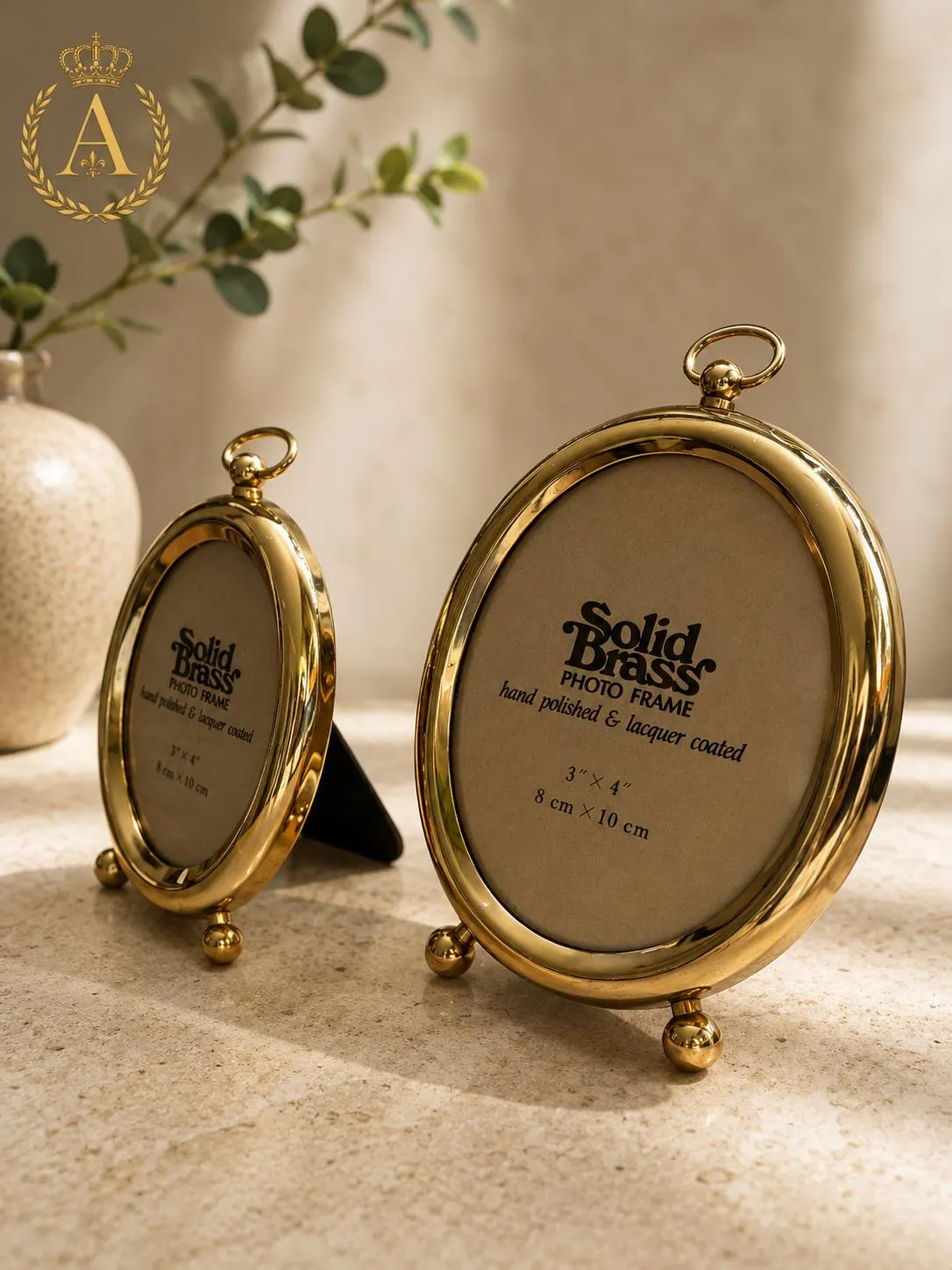 Vintage Solid Brass Oval Photo Frames Set of 2 2x3 & 3x4 Pocket Watch Style Tabletop Picture Frames