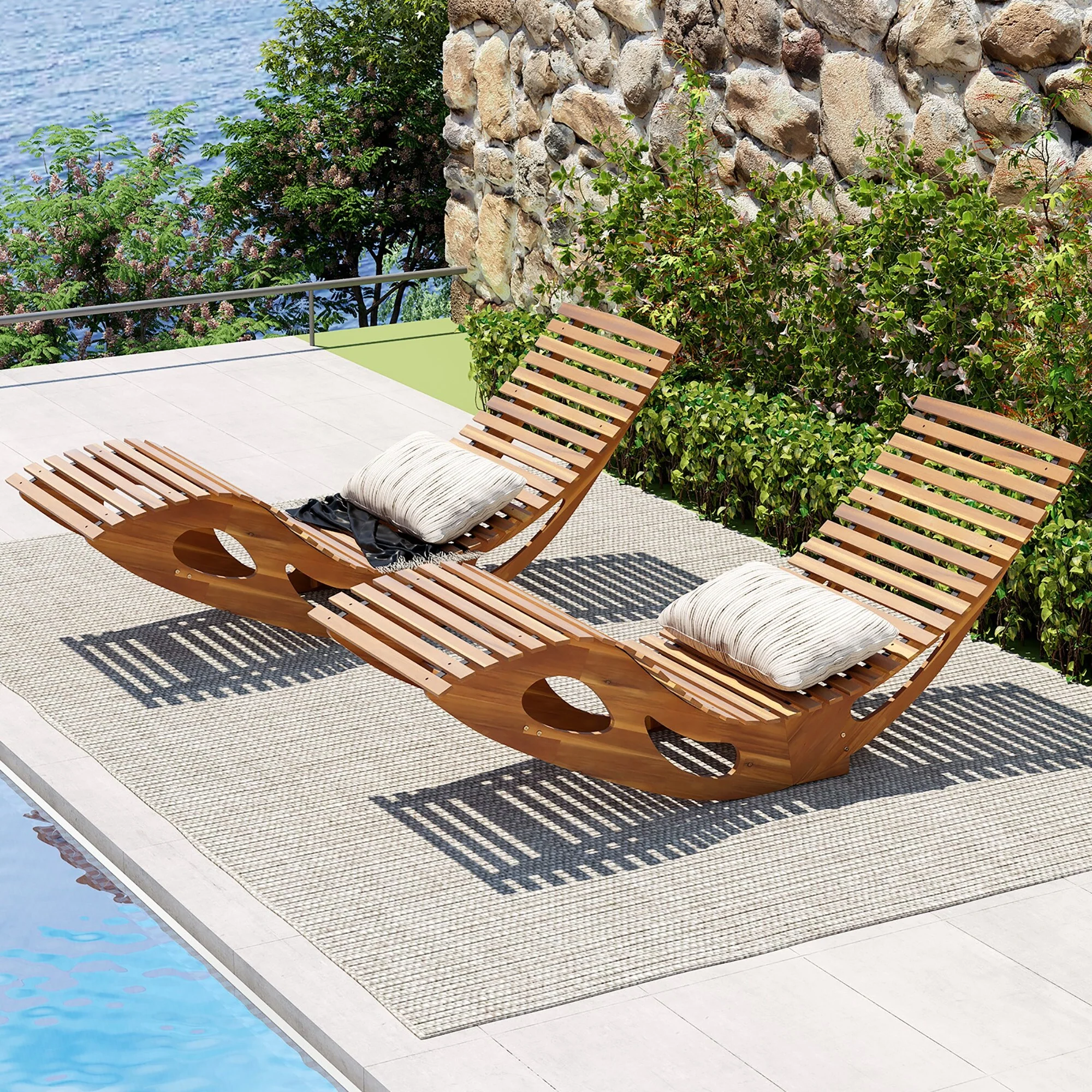 Gymax 2PCS Outdoor Chaise Lounge w/ High Back Slatted Seat Stopper