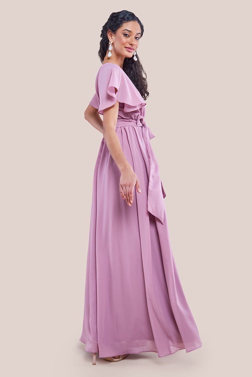 Goddiva Chiffon Flutter Sleeve Wrap Maxi Dress