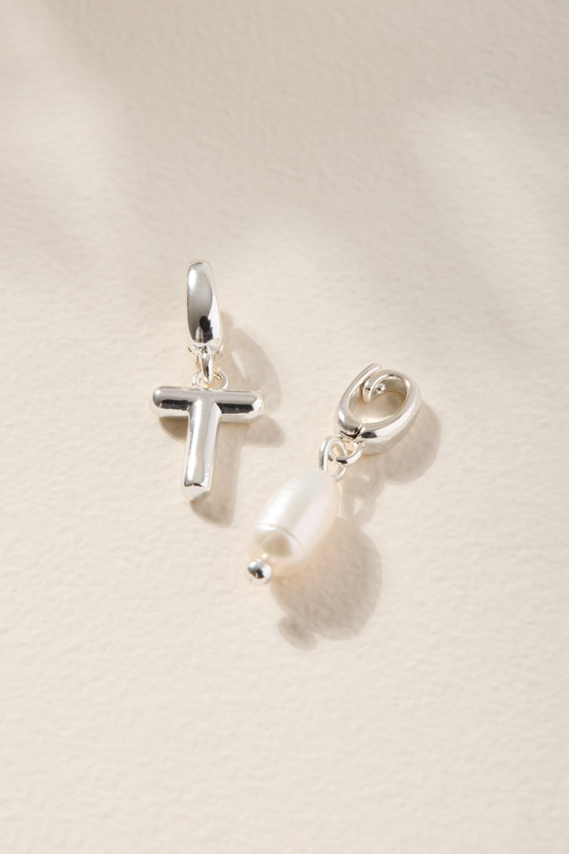 Initial and Fresh Water Pearl Charm Set Silver