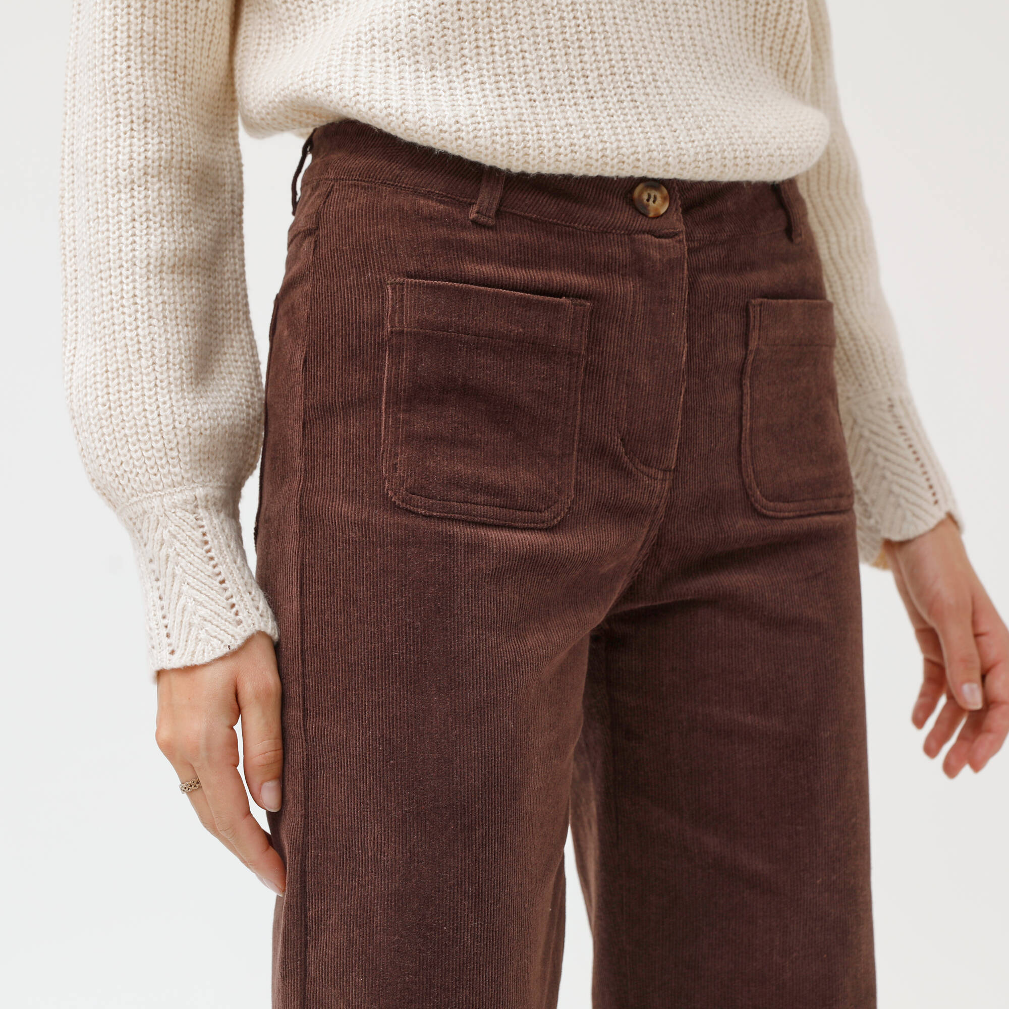 Pantalon velours coupe large taille haute, petite stature