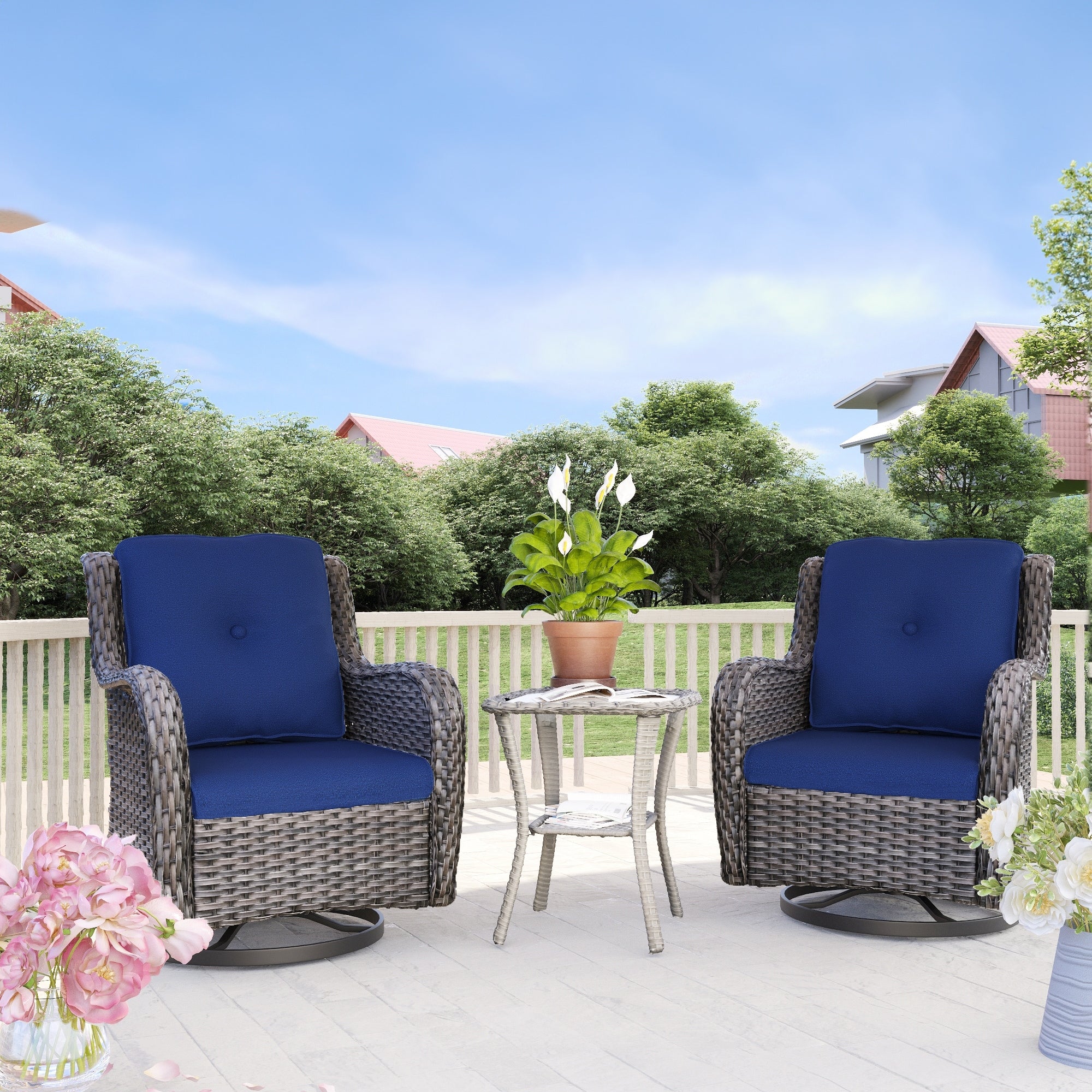 Cozywor 3-Piece Wicker Patio Swivel Outdoor Rocking Chair Set