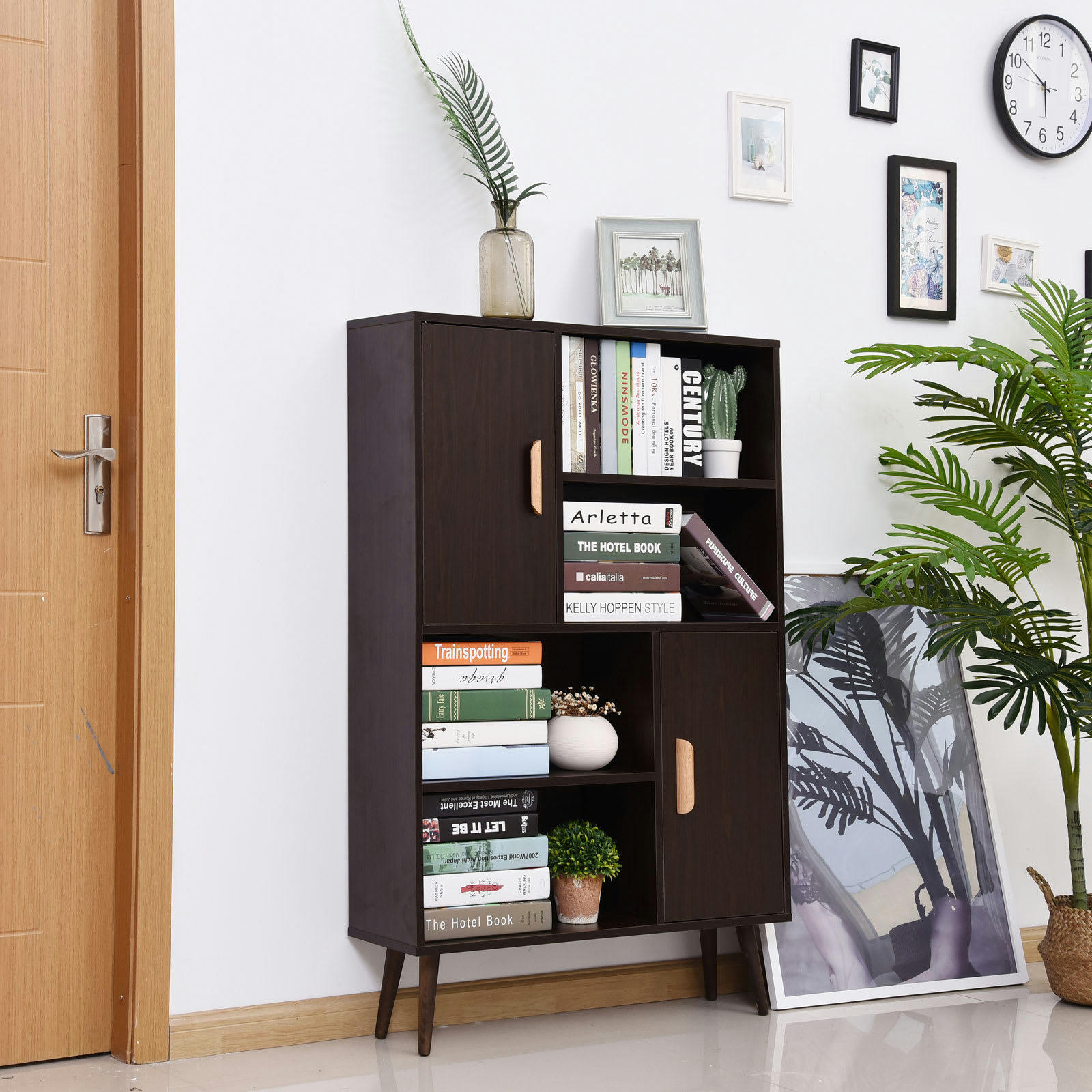 - Bibliothèque scandinave 4 niches 2 placards avec étagère aspect wengé