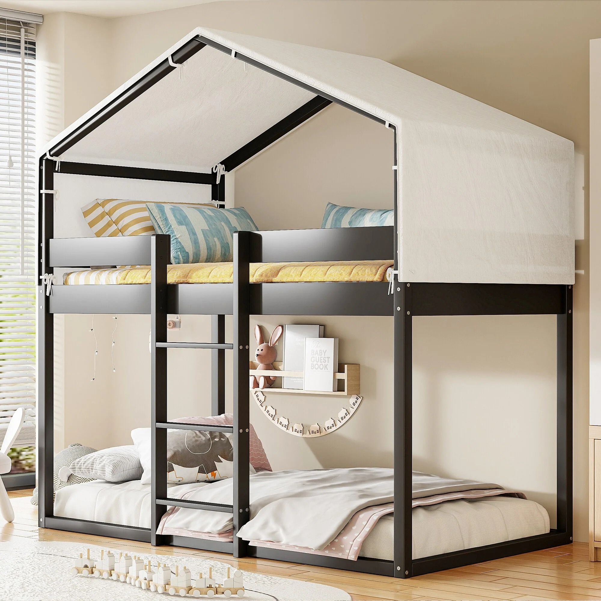 Roomfitters Twin Over Twin Wood Bunk Bed with Tent, Cozy Sleep and Play Design with Guard Rails